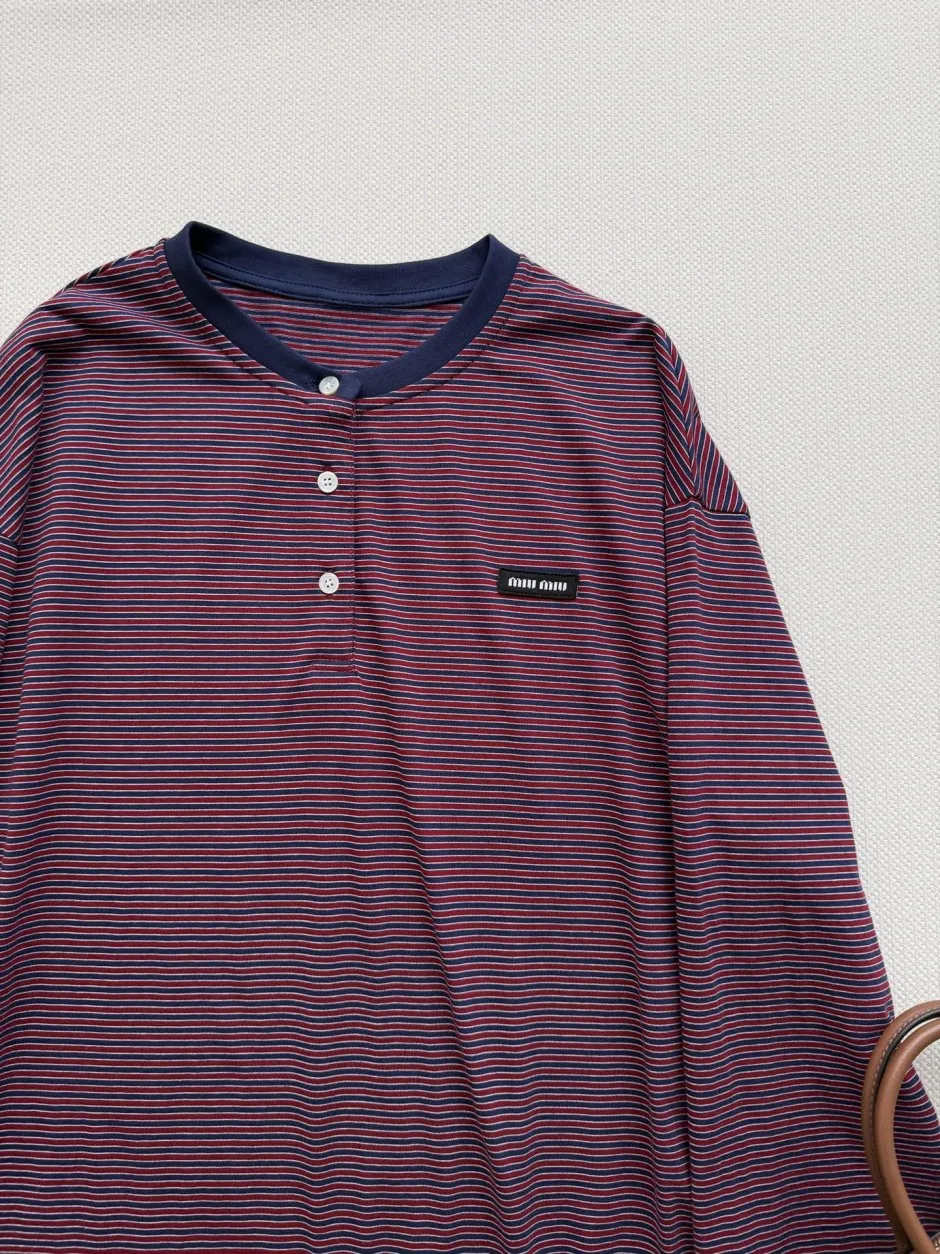 1789044411368178.webp 定番 カジュアル ボーダー柄 長袖Tシャツ ミュウミュウ Tシャツ 偽物 コットン