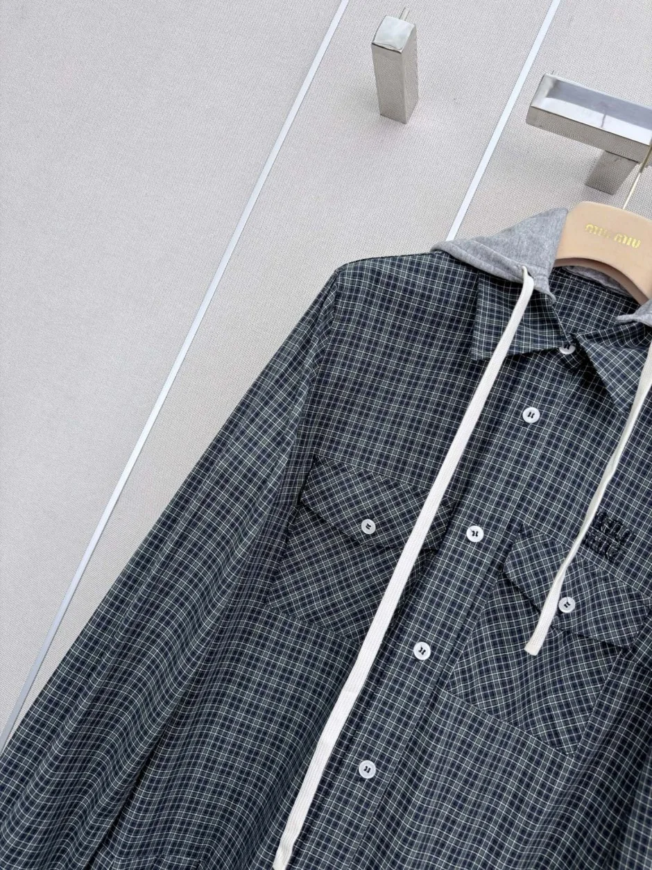 1789100978303261.webp 2WAY フード取り外し可能 チェック柄 シャツワンピース ミュウミュウ ワンピース 偽物 コットン