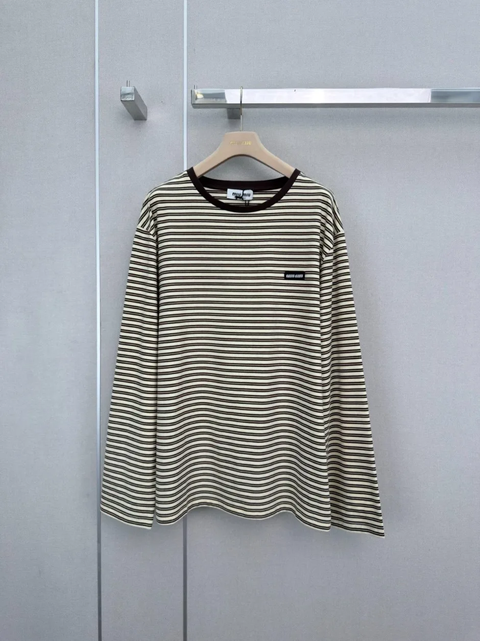 定番 カジュアル ボーダー柄 長袖Tシャツ ミュウミュウ Tシャツ 偽物 トップス