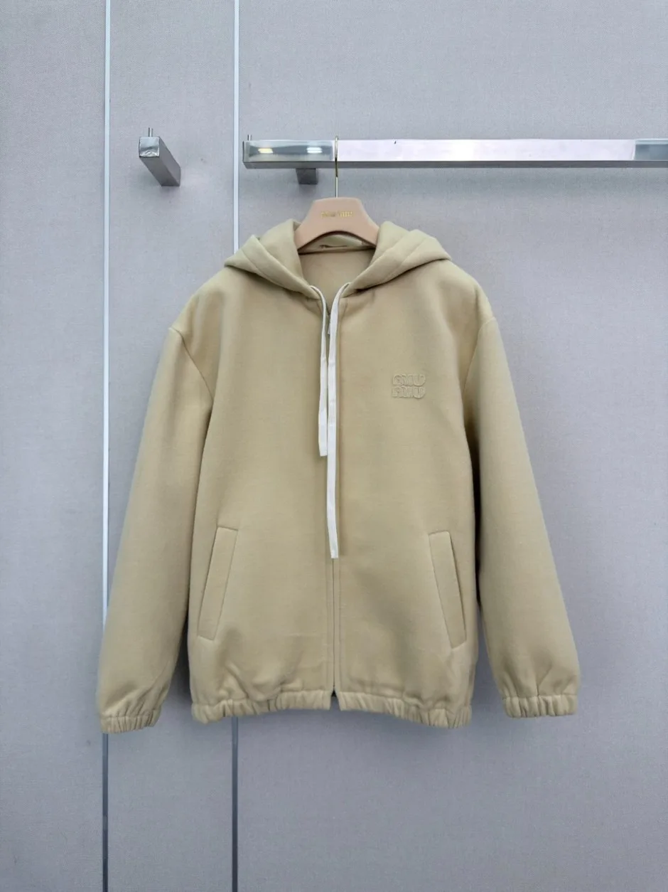 カジュアル ウール＆カシミヤ ジップアップ フーディー ミュウミュウ ジャケット 偽物 ベージュ