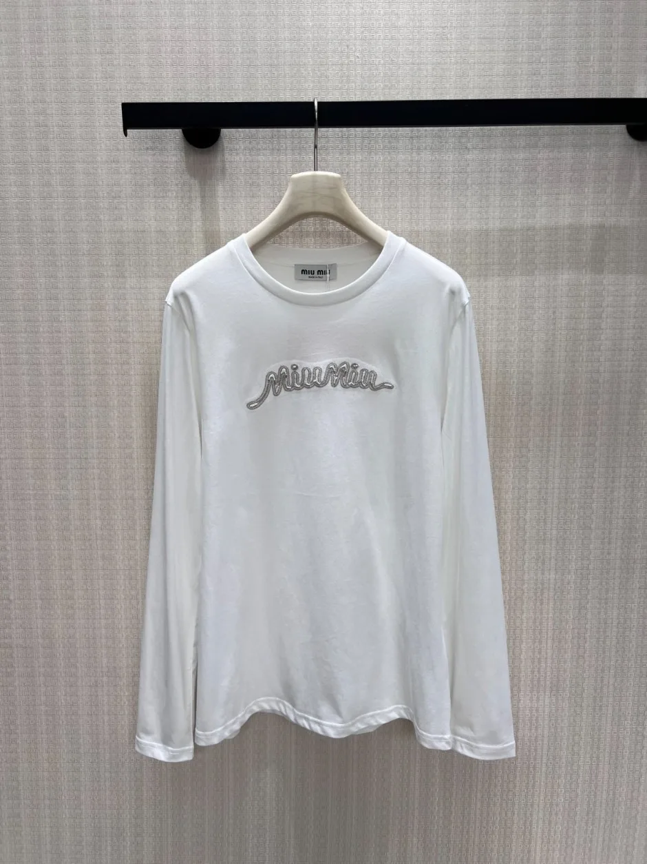 1789128284864239.webp ベーシック 合わせやすい ミュウミュウ Tシャツ 偽物 コットン 長袖Tシャツ ホワイト