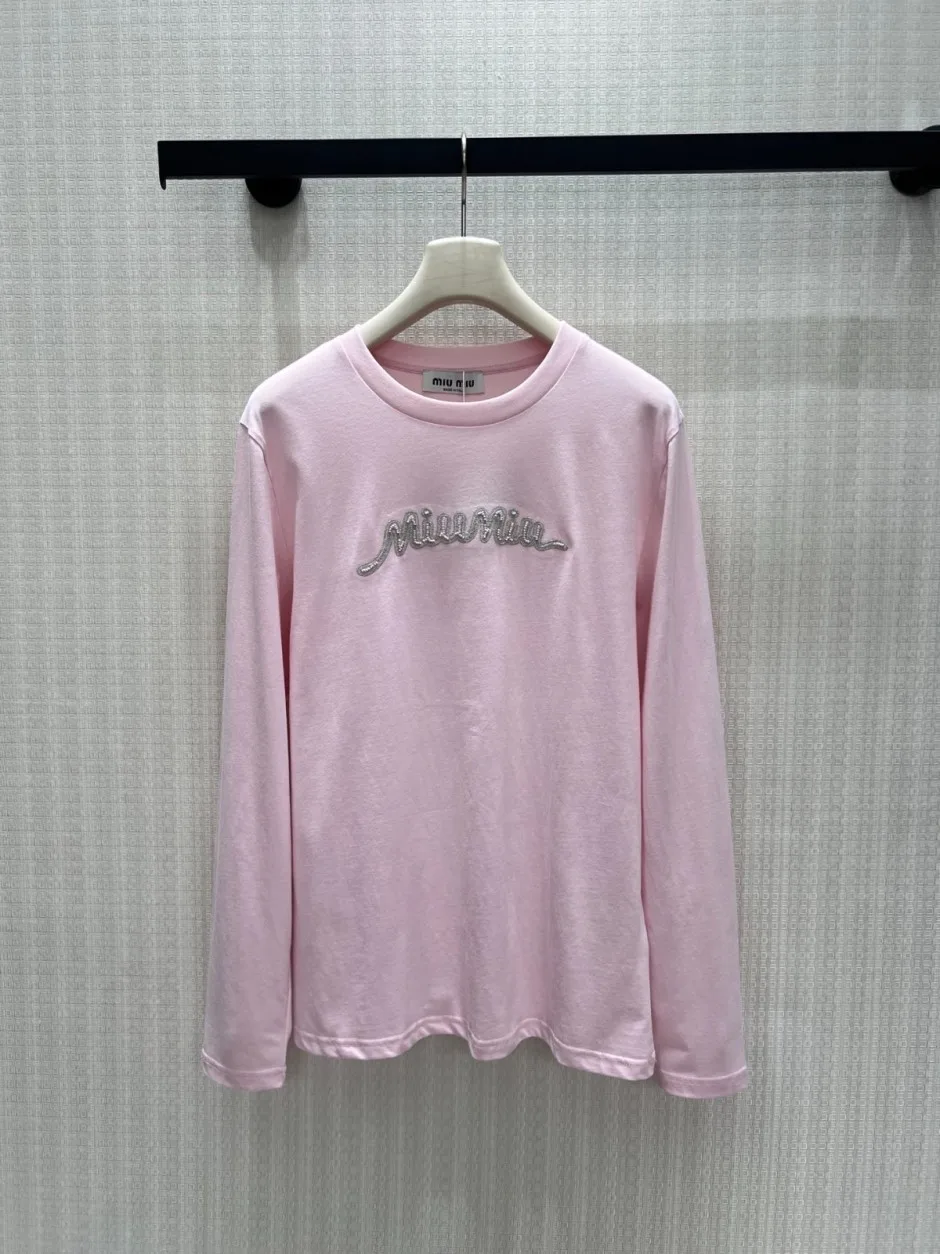 1789128462478305.webp ベーシック 合わせやすい ミュウミュウ Tシャツ 偽物 コットン 長袖Tシャツ ピンク