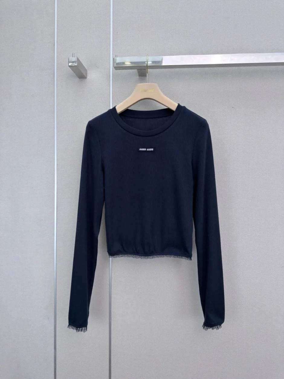 1789179637915085.webp 洗練された ミュウミュウ Tシャツ 偽物 レース付き クロップド カットソー