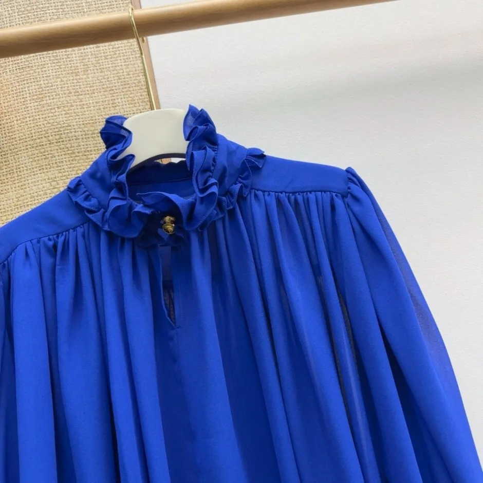 女子力アップ クロップド フリルブラウス クロエ シャツ 偽物 ブルー