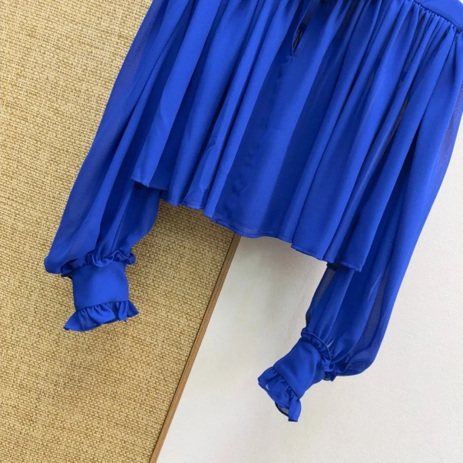 女子力アップ クロップド フリルブラウス クロエ シャツ 偽物 ブルー