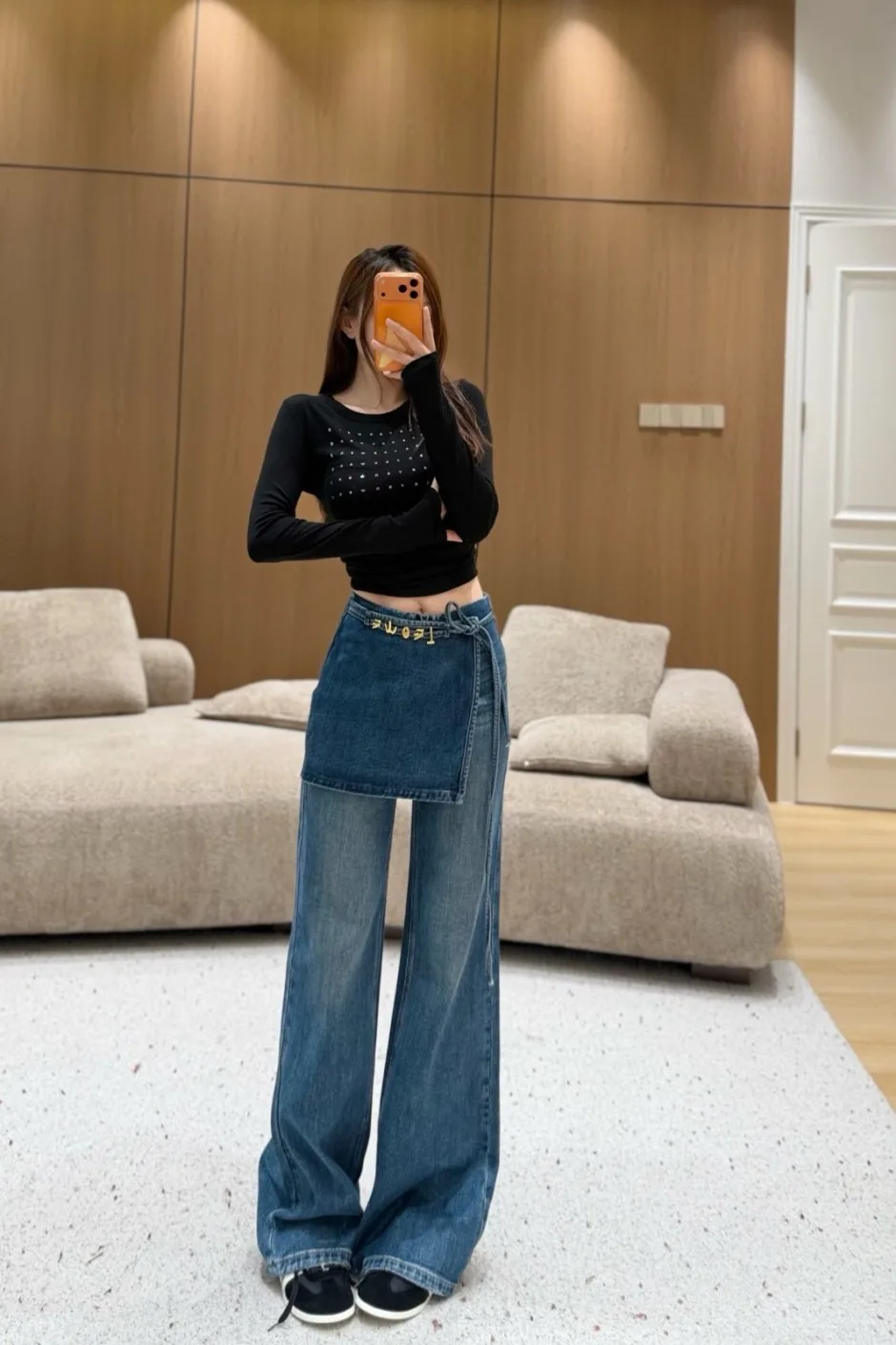 おしゃれ レイヤード風 美脚 デニムパンツ ロエベ ジーンズ 偽物 合わせやすい