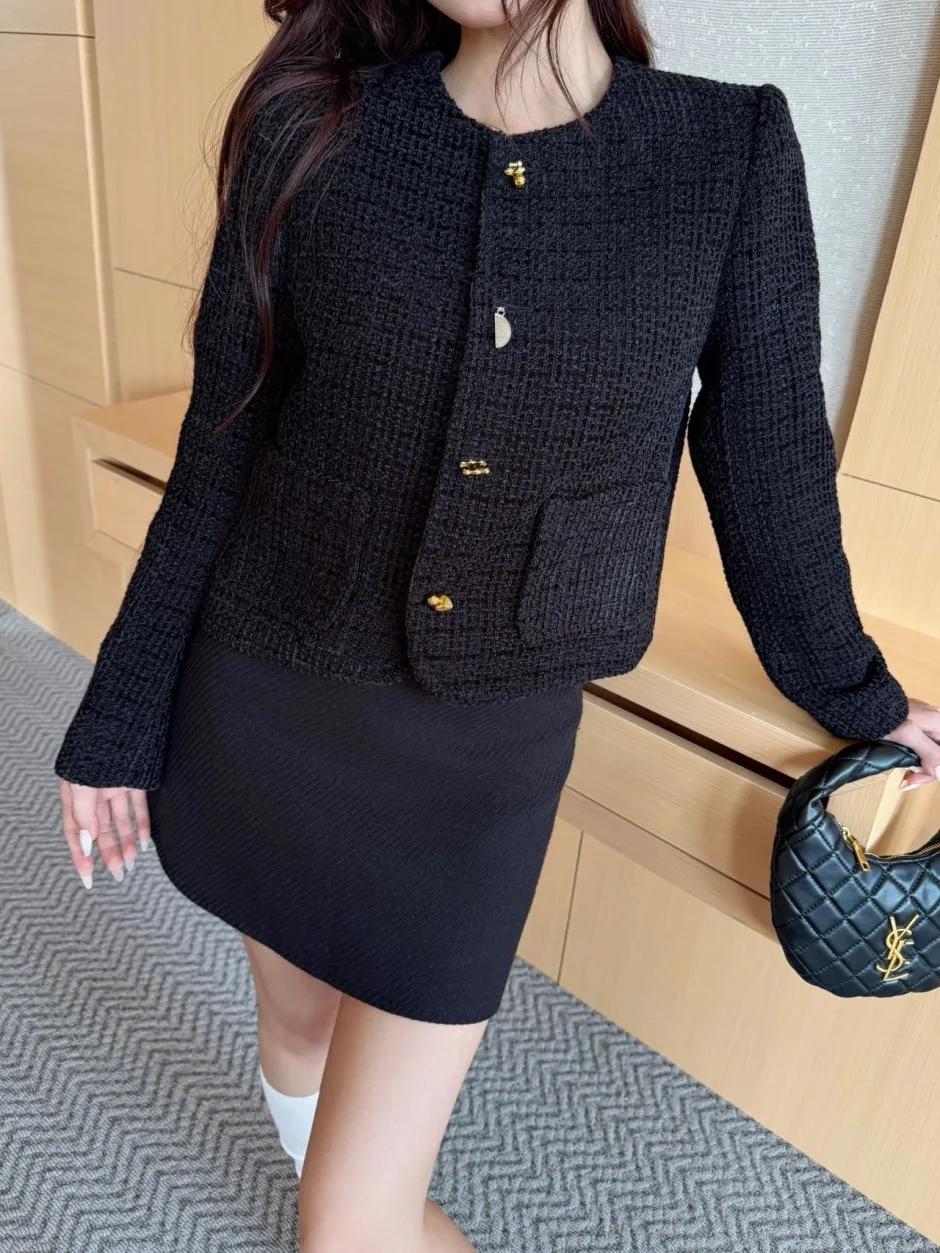 1789634563222323.webp エレガント ツイード セリーヌ ジャケット コピー ノーカラージャケット ブラック