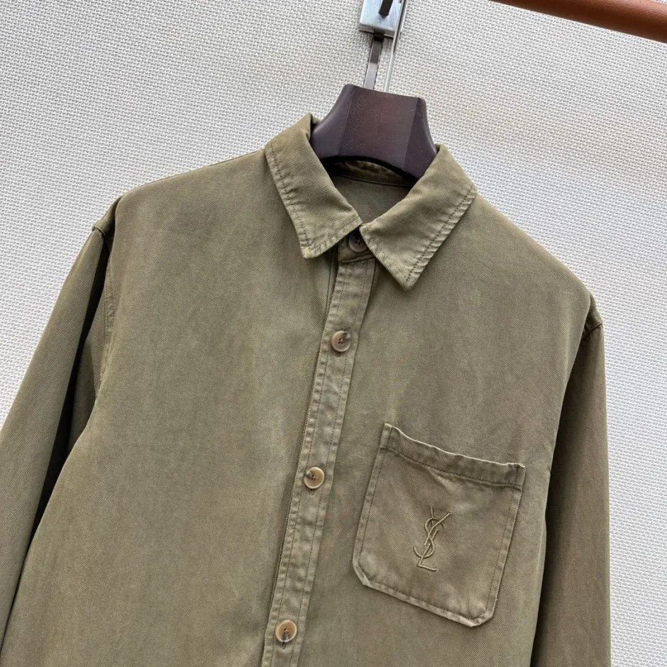 YSLロゴ刺繍 デニムシャツジャケット イヴ・サンローラン シャツ 偽物 カーキ